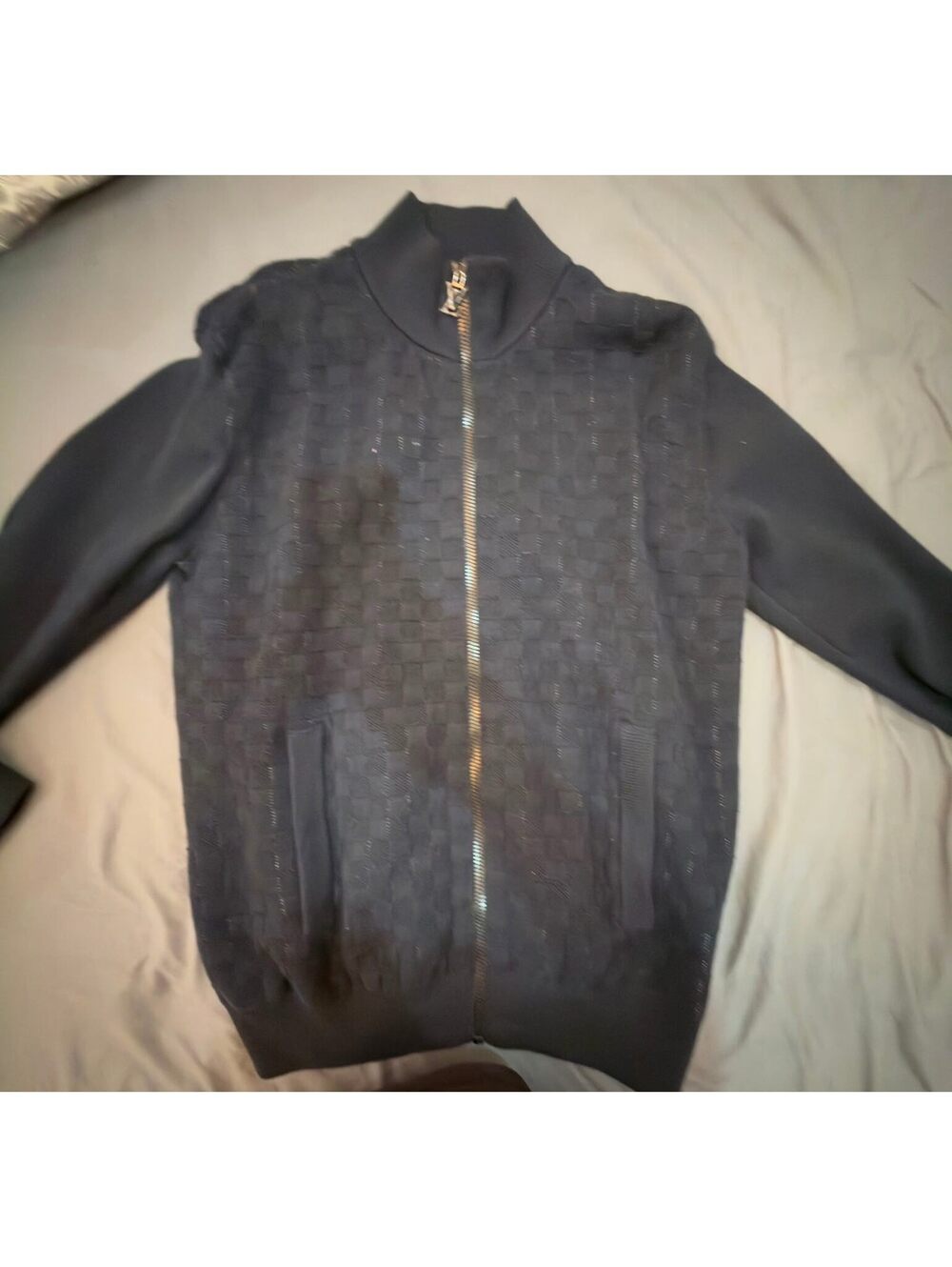 Louis Vuitton Dark Blue Checkered Knit Zip-Up Sweater Jacket